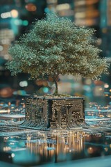 Poster - A tree emerging at the convergence of a computer circuit board, denoting green computing, green technology, green IT, CSR, and IT ethics. The high-quality representation of the green technology