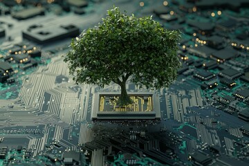 Poster - A tree growing where computer circuit boards converge, embodying green computing, green technology, green IT, CSR, and IT ethics, highlighting the idea of sustainable technology.