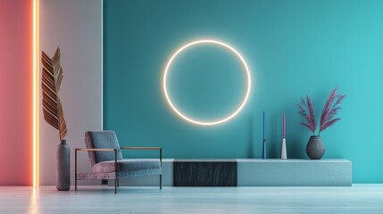 Poster - An abstract, light blue, and blurry background used for product presentations, complemented by a circular neon glow