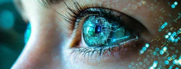 Poster - photorealistic female eyes undergoing biometric scanning, set against a dark background, featuring f
