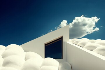 Wall Mural - In a summer scene with a bright blue sky, a home features a modern asphalt shingle roof with Garret room tiles installed on top