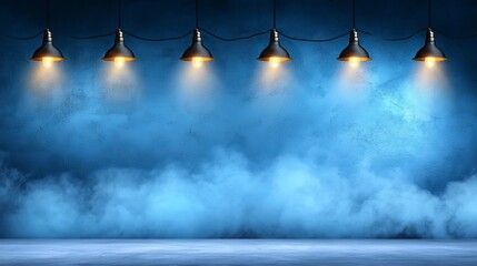 Poster - The stage is shrouded in fog, and spotlights from the theater create a beam of light through the smoke, highlighting an unoccupied stage and a radiant podium