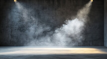 Poster - In an empty stage setting, fog and smoke are illuminated by spotlights, drawing attention to the glowing podium in the hall
