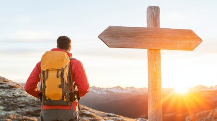 Poster - Young hiker with backpack looking at blank wooden signpost in mountain summit at sunrise, choosing the right way during a trekking tour in the wilderness