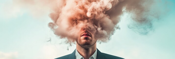 Poster - Portrait of a businessman with his head exploding into a cloud of smoke, representing stress, information overload, burnout, migraine, and mental health issues