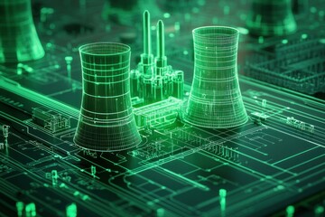 Wall Mural - futuristic green hologram of a nuclear power plant with circuit board details, representing renewabl