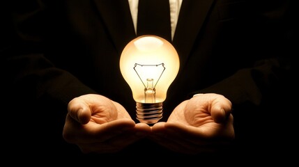 Poster - A businessman holds a light bulb filled with creative ideas, next to a growth graph and banking icons. Financial innovation technology develops new products and services, enhancing success and