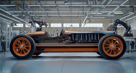 Poster - Vintage electric vehicle under construction in a modern production facility