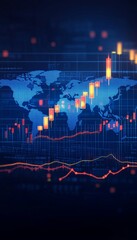 Poster - Global Business Trends Stock market candle analysis with world map, showcasing financial growth