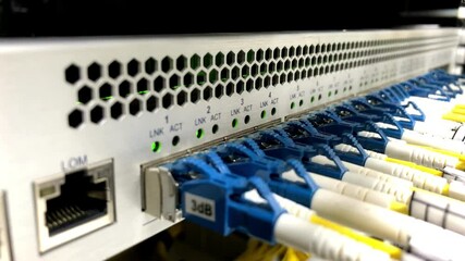 Wall Mural - Close up view internet equipment cables in the server room communication and internet network server