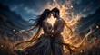 © Ali - Ethereal Lovers Embracing Amidst Fiery Magic and Starry Night, Draped in Flowing Ancient Garments, Surrounded by Cosmic Energy and Enchanted Flames in a Mystical Fantasy Realm