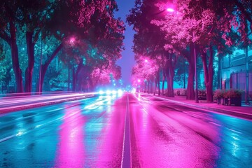 Poster - In a futuristic night scene, neon lights are blurred, and race track lights appear in motion blur style