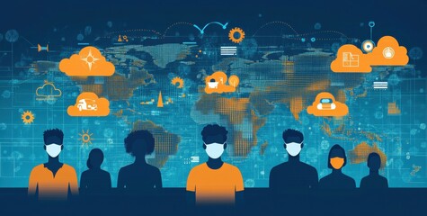 Poster - silhouetted people wearing masks with global technology and cloud networking icons