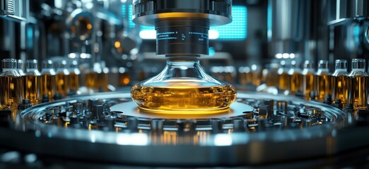 Poster - industrial machinery bottling process with intricately designed high-tech precision equipment