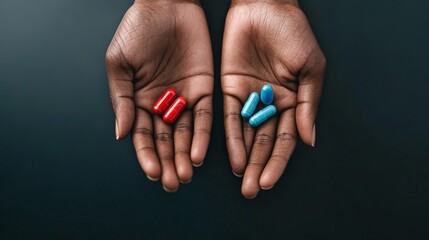 Aufkleber - Two open hands presenting a difficult choice between red and blue capsules, symbolizing a dilemma, treatment options, or a life altering decision with potential benefits and risks