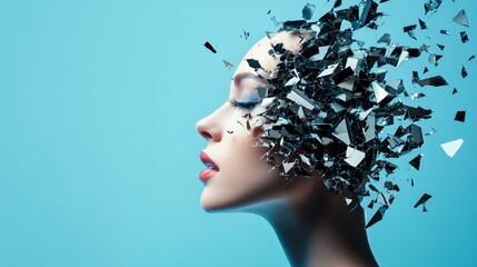 Aufkleber - Profile of a woman with exploding head symbolizing information overload, stress, burnout, mental health issues, and migraine, against a vibrant teal background