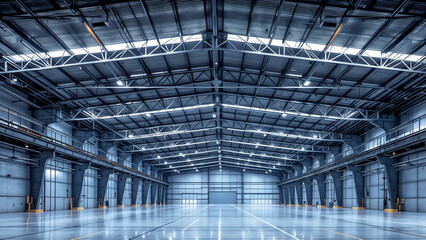 Poster - huge empty industrial warehouse . Generative AI