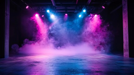 Poster - In the theater, a spotlight shines on an empty stage adorned with a bright color backdrop, ready for an entertainment show