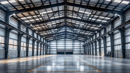 Poster - huge empty industrial warehouse . Generative AI