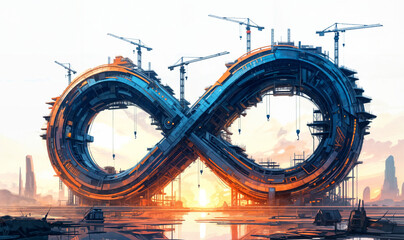 Poster - surreal construction of the future, a huge complex in the form of an infinity sign under construction . Generative AI
