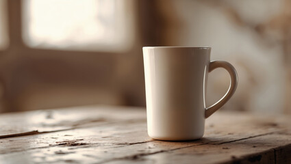Poster - warm white mug rests on a rustic wooden table in a cozy room filled with natural light