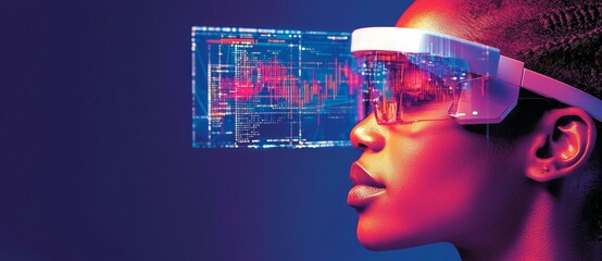 Poster - A black woman is researching fintech, cryptocurrency, and stock trading online in a futuristic cyber network, applying a laptop, data, and holographic technology for her business