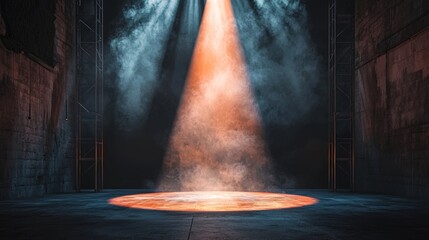 Poster - 4. With a light background and orange spotlight, the stage, now a canvas of smoke, awaited performers and an audience, the backdrop decoration ready in the background