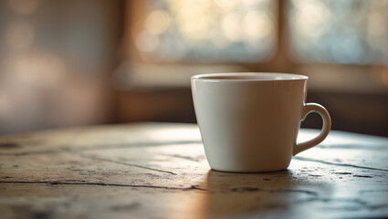 Poster - warm white coffee cup resting on a rustic wooden table in a cozy interior with sunlight filtering th