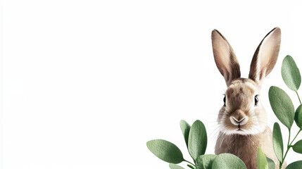 Wall Mural - Cute watercolor bunny peeking from behind green leaves, perfect for Easter