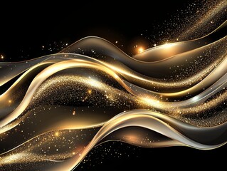 Poster - A black background features gold dust glitter sparkle waves. Shiny texture. Christmas golden opulent glitter background