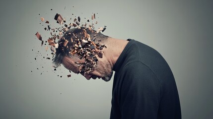 Aufkleber - Man experiencing a mental breakdown with head exploding into pieces, representing dementia, stress, burnout, information overload, headache and migraine