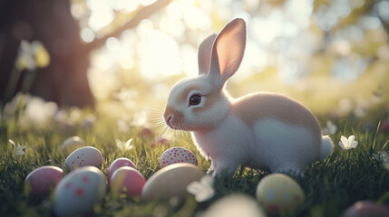 adorable easter bunny rabbit in spring grass with colorful eggs pet art cute white brown happy sweet
