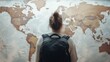 © olga_demina - Young student with backpack choosing travel destination looking at world map hanging on wall, planning trip and making decision about country to visit during summer vacation