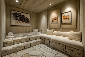 Poster - Modern bathroom design featuring a cozy seating area and stone elements with artistic decorations