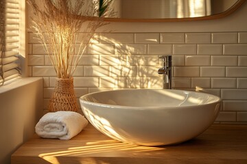 Poster - Simple bathroom setting with natural light illuminating sink and decor for a tranquil atmosphere