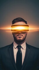Aufkleber - Businessman wearing a futuristic vr headset is experiencing virtual reality, with bright orange lights emanating from the device, suggesting a powerful and immersive experience