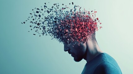 Aufkleber - Man experiencing information overload and burnout, symbolized by his head exploding into small fragments of data, representing stress, migraine, and mental health challenges