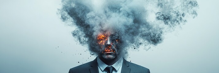 Poster - Smoke and fire are coming out from the head of a businessman experiencing burnout, information overload, stress, and migraine, representing the concept of mental health