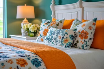 Poster - Cozy bedroom featuring floral decor and warm colors in a modern home setting with natural light