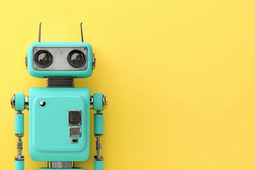 Poster - An old-fashioned toy robot standing on a yellow background, embodying the 50s and 60s retro style. Great for technology and nostalgia design, such as banners and posters, with space for text