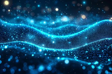 Poster - A blue neon abstract pattern of technological lines arranged in a net, with small dots on every line.