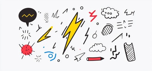 Poster - Doodle lines glisten with sparkles and emanate rays. Hand-drawn explosion lines, confetti, sun burst, and decorative surprise elements form a sketch comic that celebrates a splash and sign. Vector