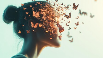 Aufkleber - Butterflies flying away from a woman's head represent escaping thoughts, ideas, or a release of mental stress, creating a surreal and artistic representation of mental processes