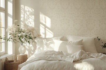 Aufkleber - Warm sunlight fills a cozy bedroom with soft linens and delicate flowers creating a serene atmosphere