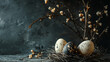 © Jhati - Elegant Easter Eggs Nest Spring Blossom Dark Background Rustic Decor bird grey image photo white