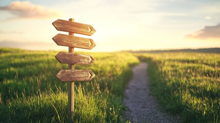 Poster - Four wooden arrows on a signpost point in different directions, symbolizing choices and decisions against a tranquil green field at sunset