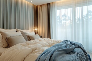 Aufkleber - Cozy and elegant bedroom featuring soft linens and large windows with natural light in a serene setting