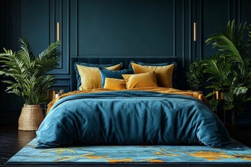 Wall Mural - Luxurious bedroom with dark blue walls, vibrant bedding, and lush greenery creates a cozy retreat for relaxation