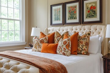 Poster - Elegant bedroom with floral decor and warm color palette in a cozy residential setting