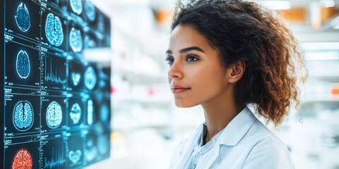 Poster - Young professional analyzing brain scans for data-driven mental health insights in a technological healthcare setting